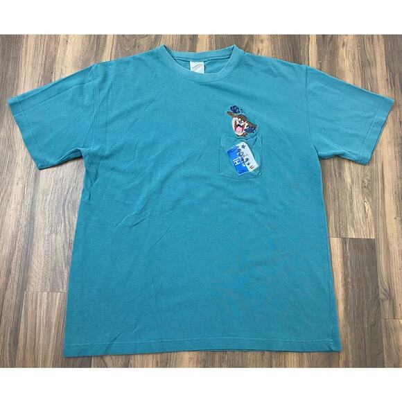 VTG 1999 Warner Bros Taz Looney Tunes nametag stitch graphic pocket t-shirt L - Picture 2 of 5